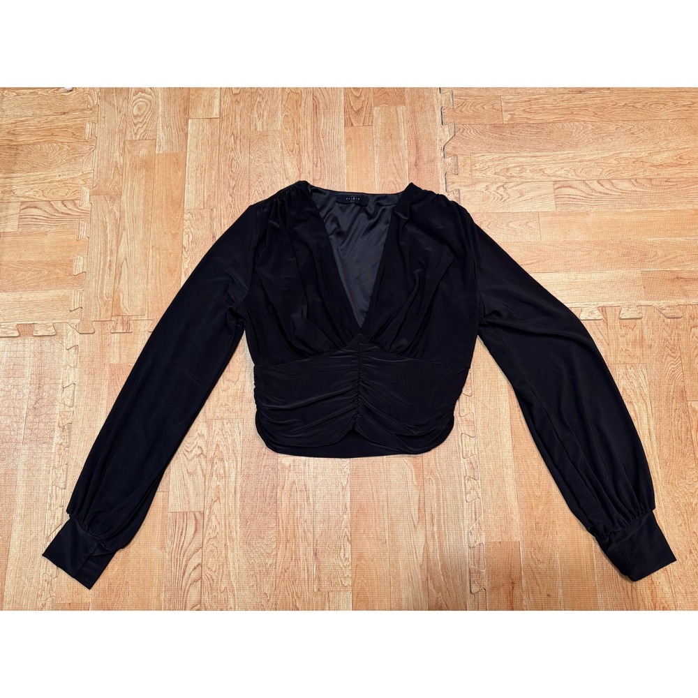 2 Saints Black Ruched V-Neck Cropped Blouse Long Sleeve Top Size Small